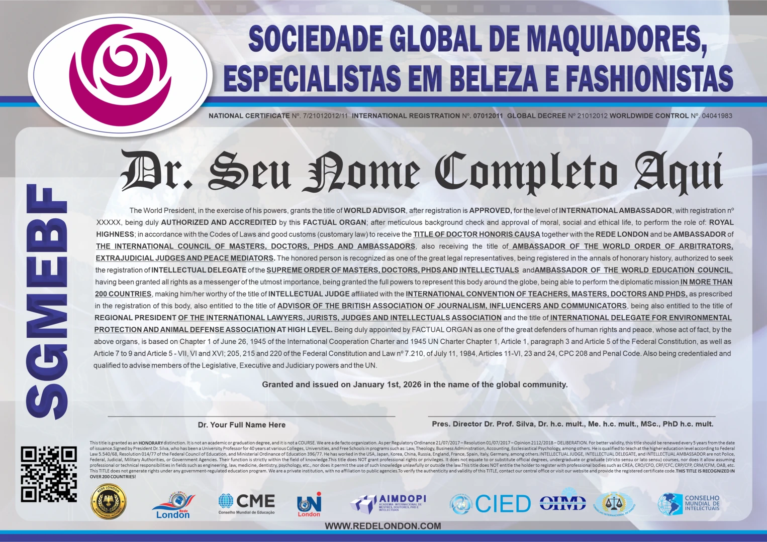 Diploma Sociedade Global de Maquiadores, Especialistas em Beleza e Fashionistas