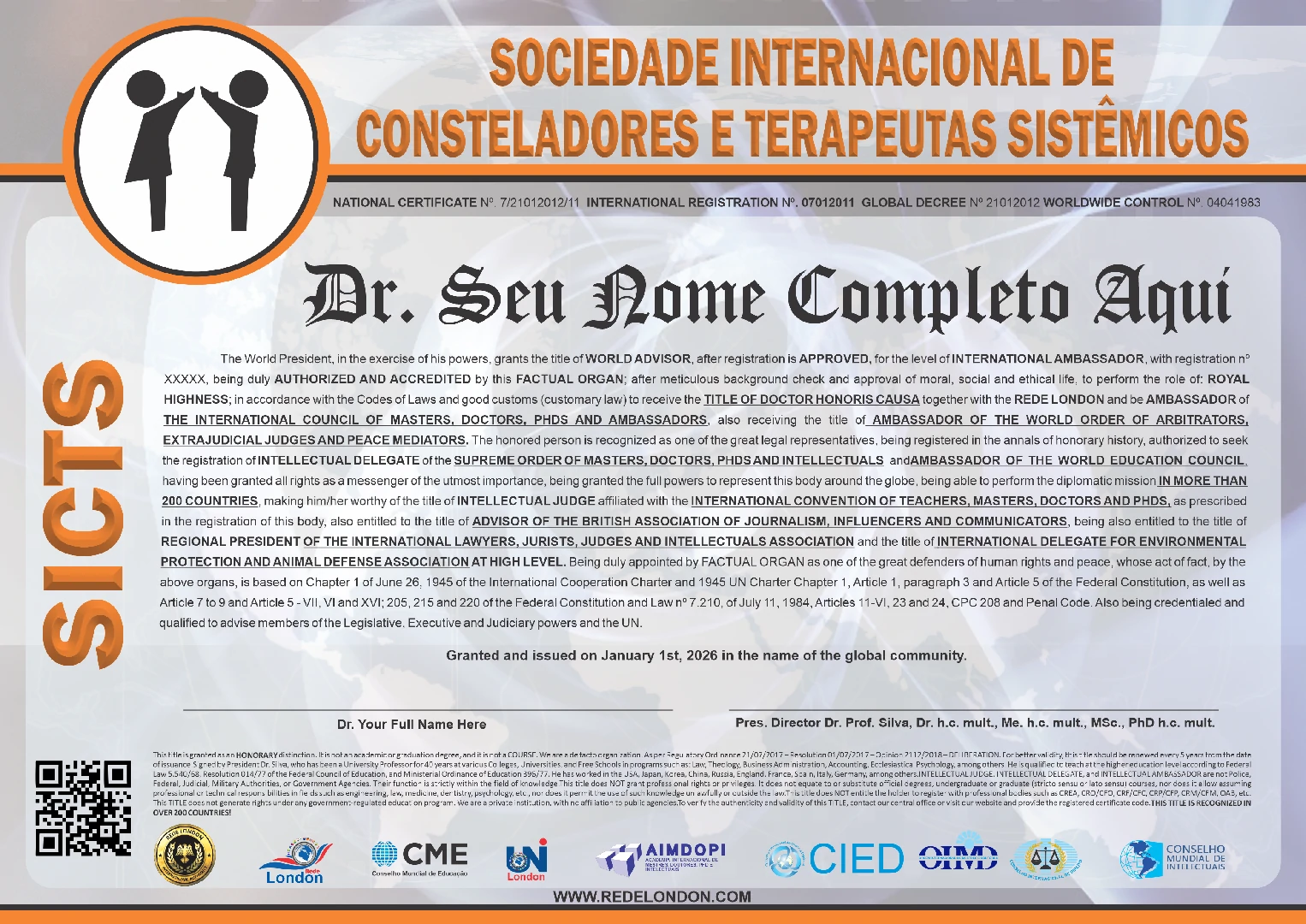 Diploma Sociedade Internacional de Consteladores e Terapeutas Sistêmicos