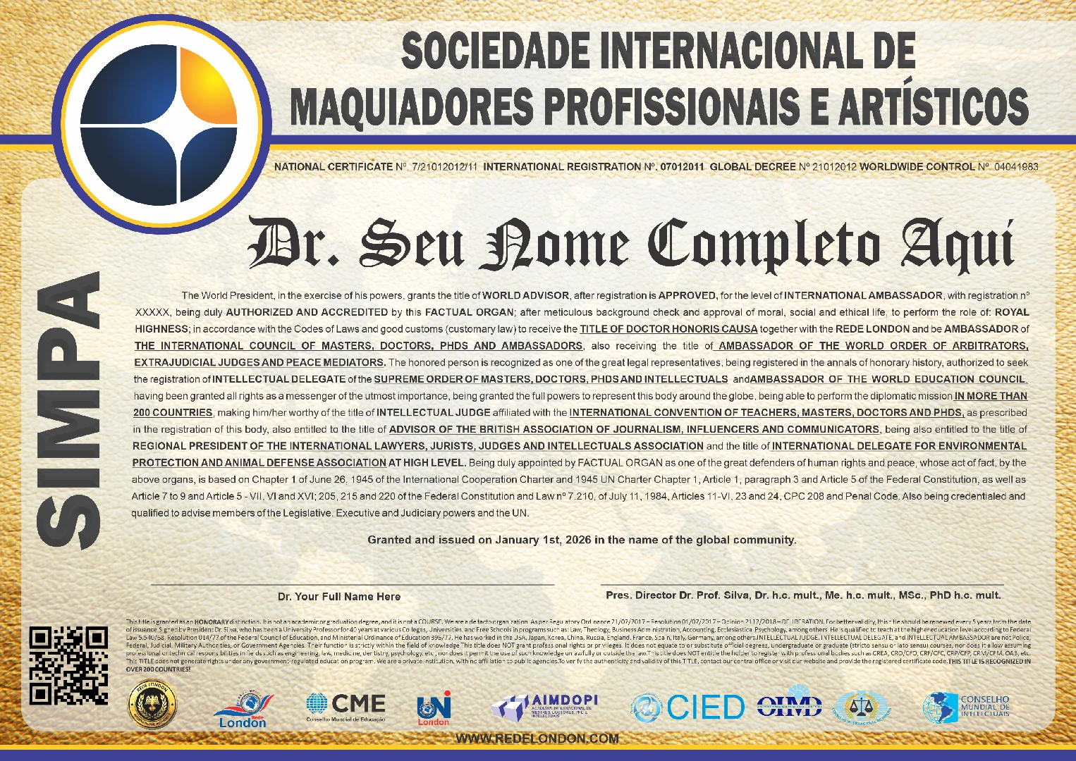 Diploma Sociedade Internacional de Maquiadores Profissionais e Artísticos