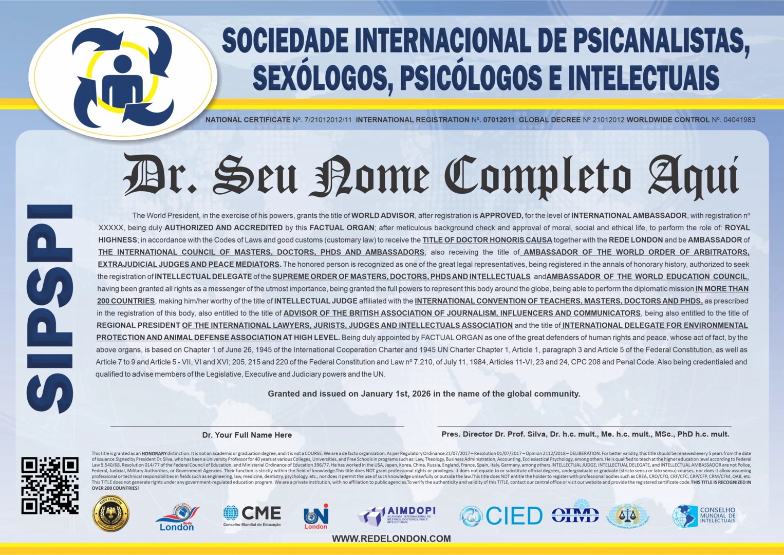 Diploma Sociedade Internacional de Psicanalistas, Sexólogos, Psicólogos e Intelectuais