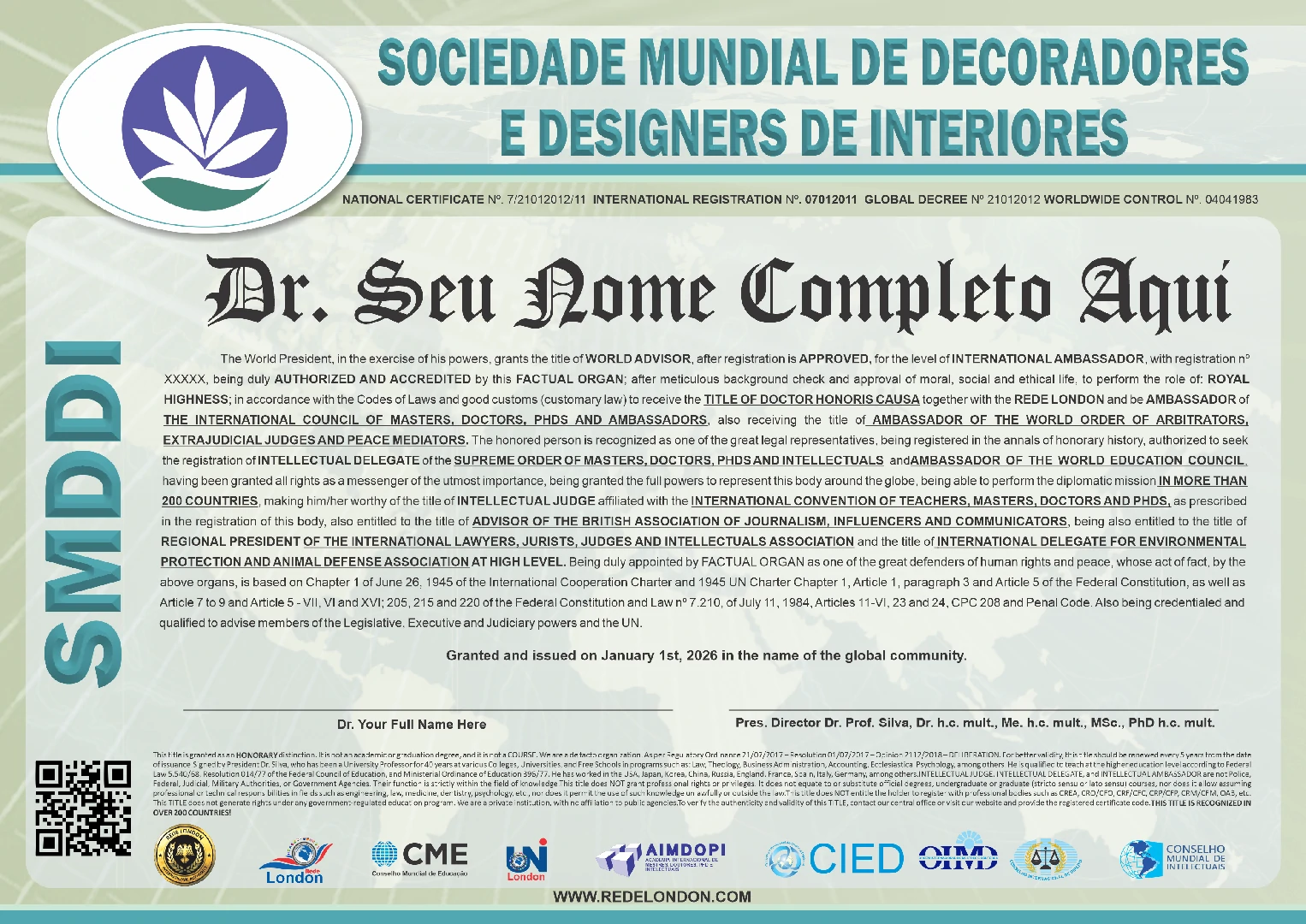 Diploma Sociedade Mundial de Decoradores e Designers de Interiores
