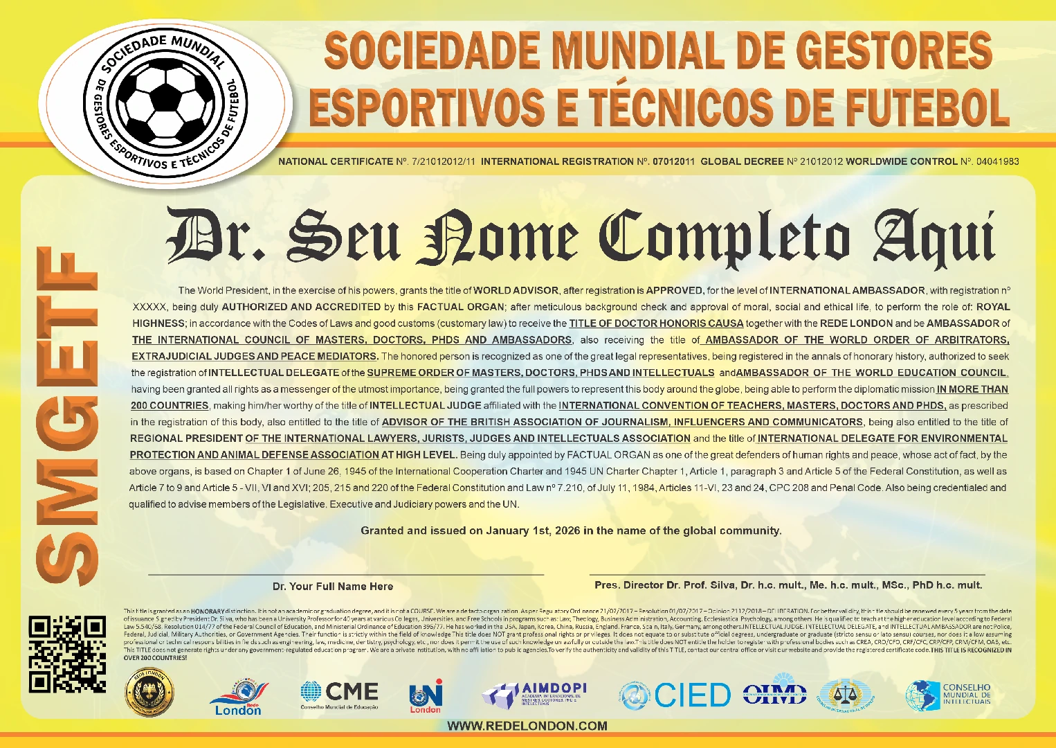 Diploma Sociedade Mundial de Gestores Esportivos e Técnicos de Futebol