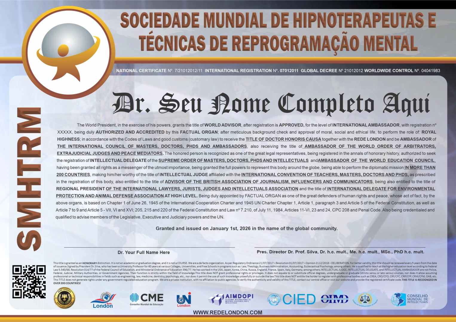 Diploma Sociedade Mundial de Hipnoterapeutas e Técnicas de Reprogramação Mental