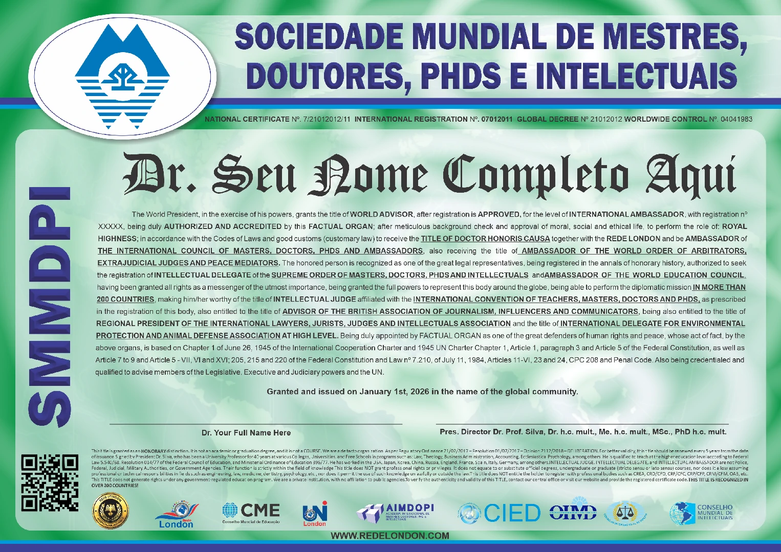 Diploma Sociedade Mundial de Mestres, Doutores, Phds e Intelectuais