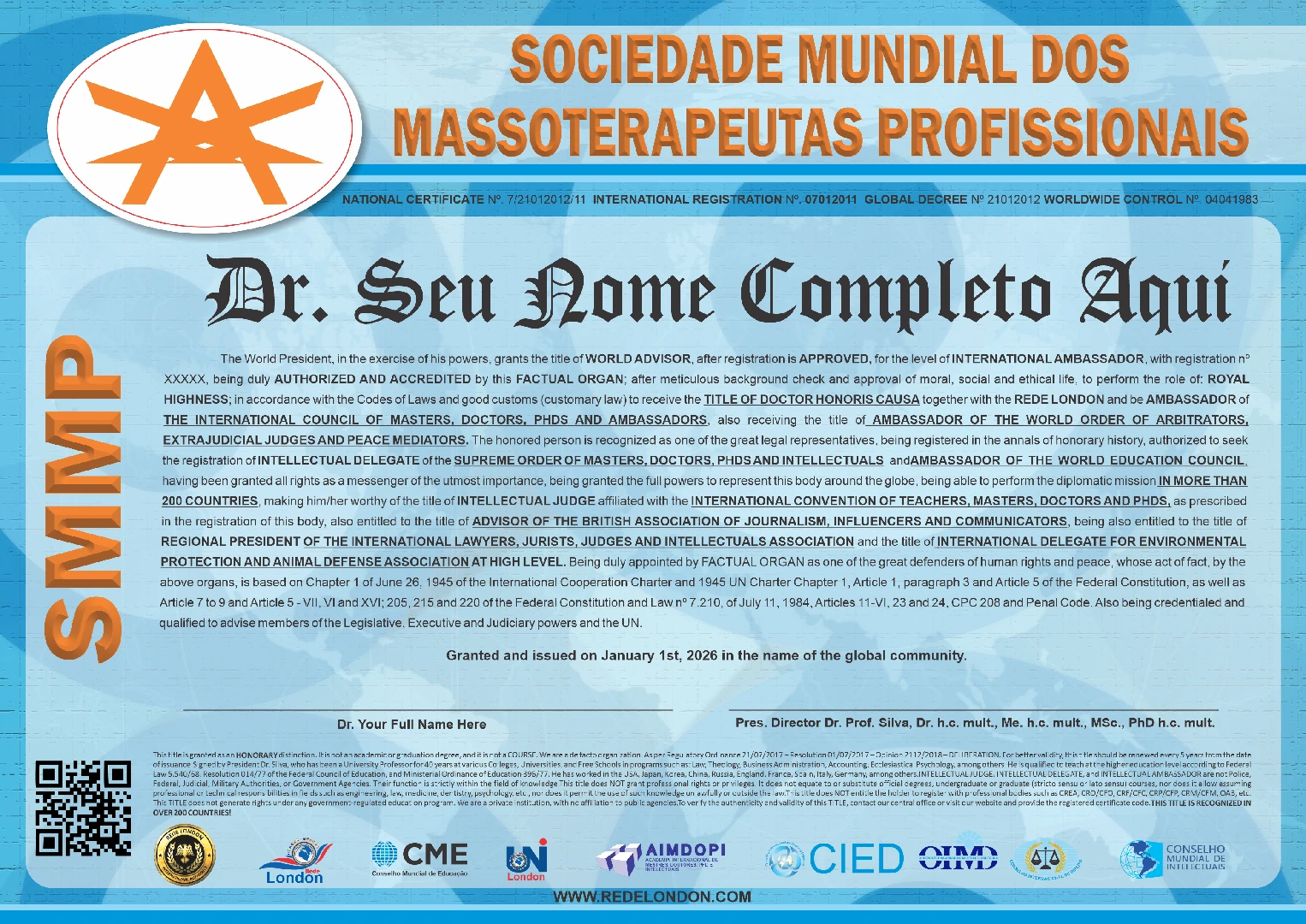 Diploma Sociedade Mundial dos Massoterapeutas Profissionais