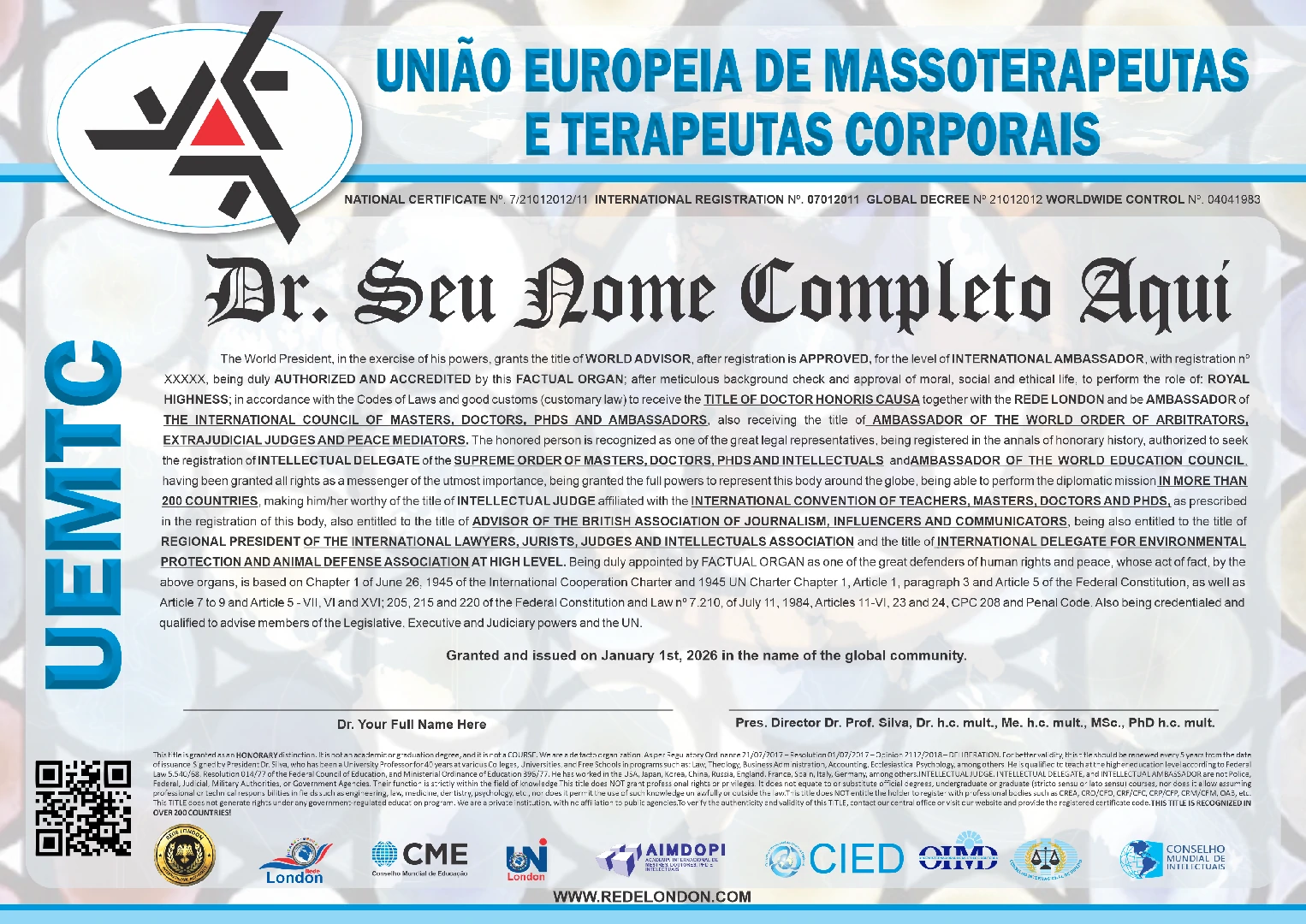 Diploma União Europeia de Massoterapeutas e Terapeutas Corporais