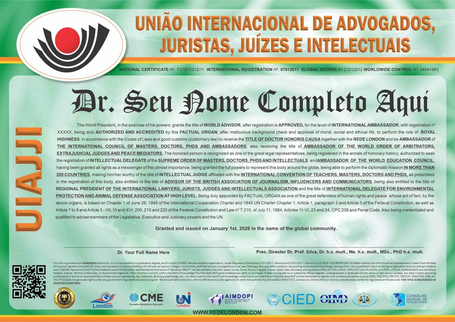 Diploma União Internacional de Advogados, Juristas, Juízes e Intelectuais