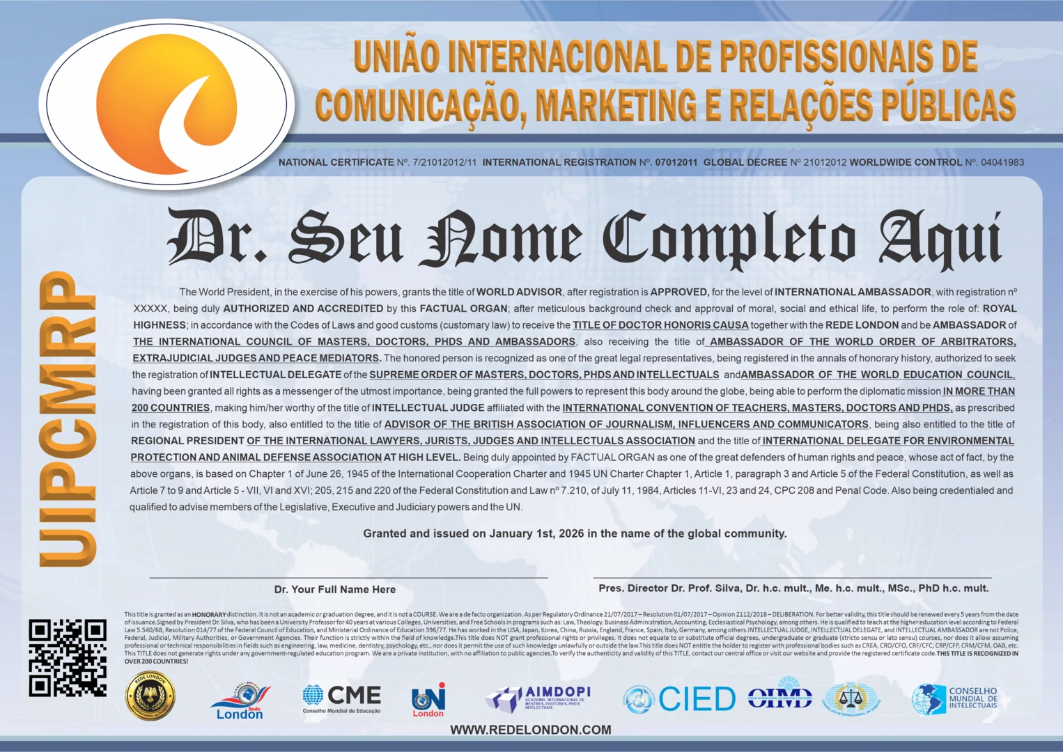 Diploma União Internacional de Profissionais de Comunicação, Marketing e Relações Públicas