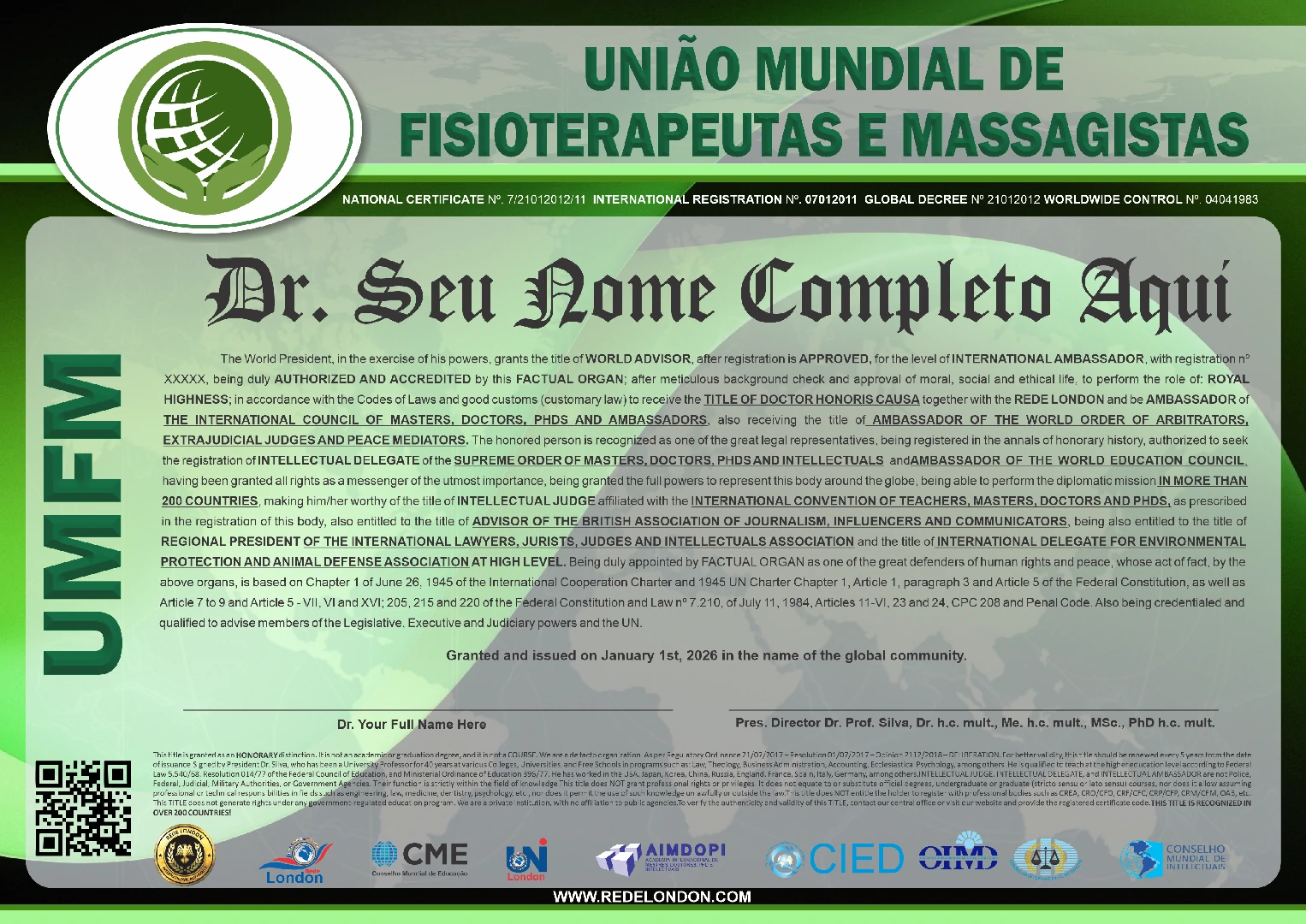 Diploma União Mundial de Fisioterapeutas e Massagistas